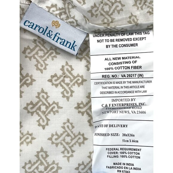 Single (1) CAROL & FRANK 20"x26" Standard Cotton PILLOW SHAM Beige/White Geo NEW - Picture 3 of 4